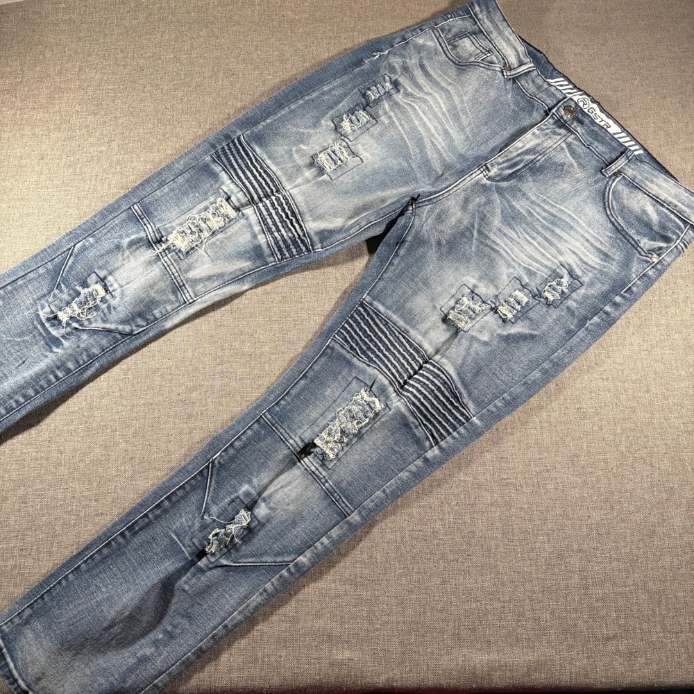 GSTR Biker Jeans Mens 38 Blue Distressed Moto Ripped Slim Fit Denim Pants G Star